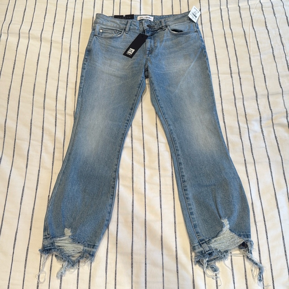 DL1961 Lara Instasculpt Cropped Distressed Flare Bottom Denim Jeans - Size 27